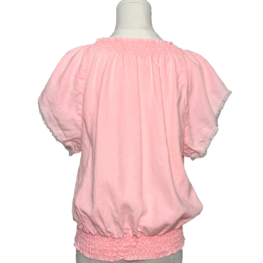 Cloth Stone Pink Sun Washed Raw Edge Short Sleeve Smocked V Neck Top Medium - Picture 6 of 8